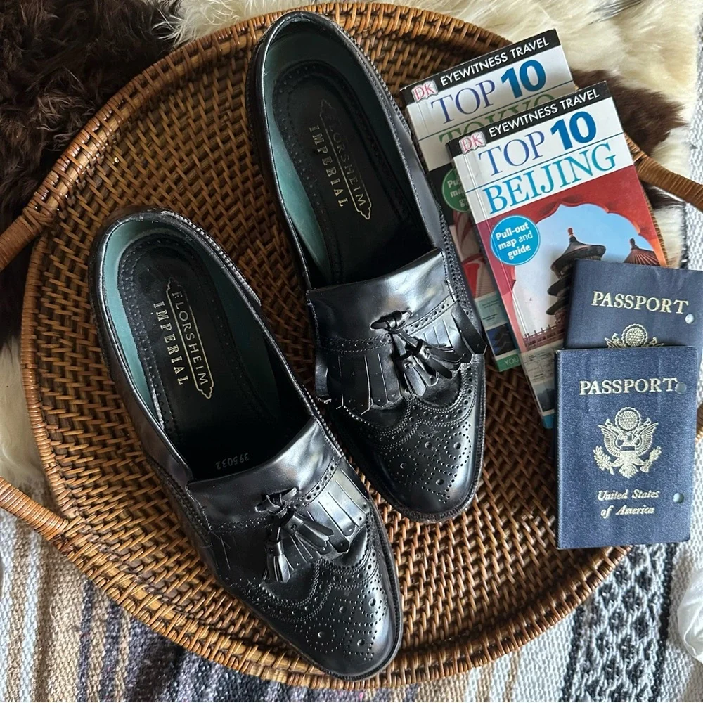 Florsheim Imperial Lexington Black Leather Wing Tip Tassel Loafers 10.5
